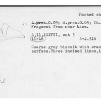Index card with typed and handwritten information, sometimes including a sketch, of pottery from an excavation.