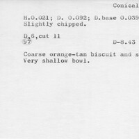 Index card with typed and handwritten information, sometimes including a sketch, of pottery from an excavation.