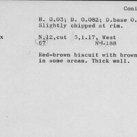 Index card with typed and handwritten information, sometimes including a sketch, of pottery from an excavation.