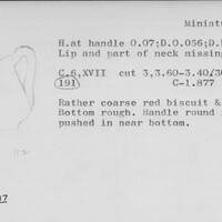Index card with typed and handwritten information, sometimes including a sketch, of pottery from an excavation.