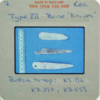 A collection of old bone knives on display with labels and measurements.