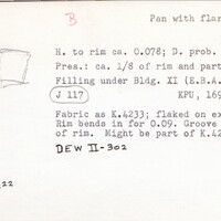 Index card with typed and handwritten information, sometimes including a sketch, of pottery from an excavation.