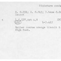 Index card with typed and handwritten information, sometimes including a sketch, of pottery from an excavation.