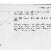 Index card with typed and handwritten information, sometimes including a sketch, of pottery from an excavation.