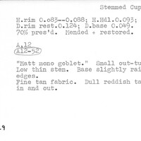 Index card with typed and handwritten information, sometimes including a sketch, of pottery from an excavation.