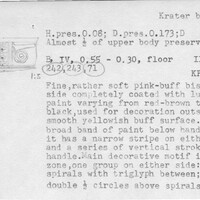 Index card with typed and handwritten information, sometimes including a sketch, of pottery from an excavation.