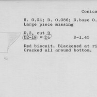Index card with typed and handwritten information, sometimes including a sketch, of pottery from an excavation.