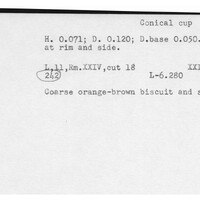 Index card with typed and handwritten information, sometimes including a sketch, of pottery from an excavation.