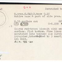 Index card with typed and handwritten information, sometimes including a sketch, of pottery from an excavation.
