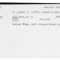 Index card with typed and handwritten information, sometimes including a sketch, of pottery from an excavation.