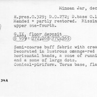 Index card with typed and handwritten information, sometimes including a sketch, of pottery from an excavation.