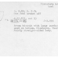 Index card with typed and handwritten information, sometimes including a sketch, of pottery from an excavation.