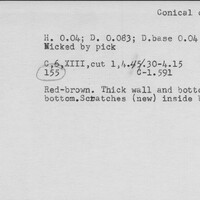 Index card with typed and handwritten information, sometimes including a sketch, of pottery from an excavation.