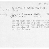 Index card with typed and handwritten information, sometimes including a sketch, of pottery from an excavation.