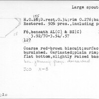 Index card with typed and handwritten information, sometimes including a sketch, of pottery from an excavation.