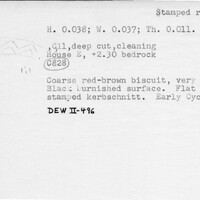 Index card with typed and handwritten information, sometimes including a sketch, of pottery from an excavation.