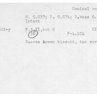 Index card with typed and handwritten information, sometimes including a sketch, of pottery from an excavation.