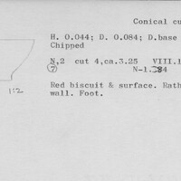 Index card with typed and handwritten information, sometimes including a sketch, of pottery from an excavation.