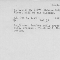 Index card with typed and handwritten information, sometimes including a sketch, of pottery from an excavation.