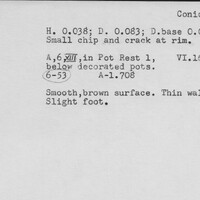 Index card with typed and handwritten information, sometimes including a sketch, of pottery from an excavation.