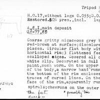 Index card with typed and handwritten information, sometimes including a sketch, of pottery from an excavation.