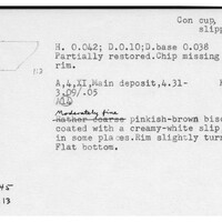 Index card with typed and handwritten information, sometimes including a sketch, of pottery from an excavation.