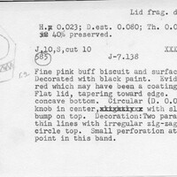 Index card with typed and handwritten information, sometimes including a sketch, of pottery from an excavation.