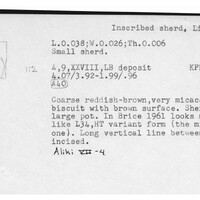 Index card with typed and handwritten information, sometimes including a sketch, of pottery from an excavation.