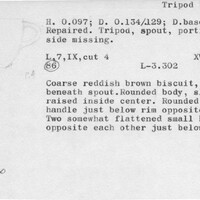 Index card with typed and handwritten information, sometimes including a sketch, of pottery from an excavation.