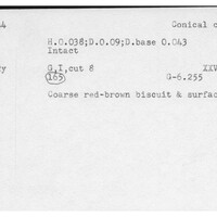 Index card with typed and handwritten information, sometimes including a sketch, of pottery from an excavation.