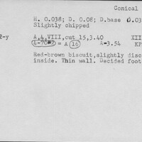 Index card with typed and handwritten information, sometimes including a sketch, of pottery from an excavation.