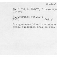 Index card with typed and handwritten information, sometimes including a sketch, of pottery from an excavation.