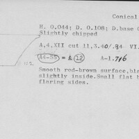 Index card with typed and handwritten information, sometimes including a sketch, of pottery from an excavation.