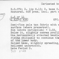 Index card with typed and handwritten information, sometimes including a sketch, of pottery from an excavation.