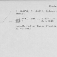 Index card with typed and handwritten information, sometimes including a sketch, of pottery from an excavation.