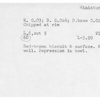 Index card with typed and handwritten information, sometimes including a sketch, of pottery from an excavation.