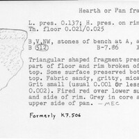 Index card with typed and handwritten information, sometimes including a sketch, of pottery from an excavation.