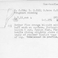 Index card with typed and handwritten information, sometimes including a sketch, of pottery from an excavation.
