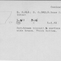 Index card with typed and handwritten information, sometimes including a sketch, of pottery from an excavation.