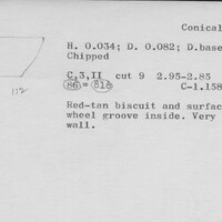 Index card with typed and handwritten information, sometimes including a sketch, of pottery from an excavation.