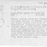 Index card with typed and handwritten information, sometimes including a sketch, of pottery from an excavation.