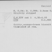 Index card with typed and handwritten information, sometimes including a sketch, of pottery from an excavation.