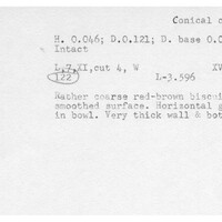 Index card with typed and handwritten information, sometimes including a sketch, of pottery from an excavation.