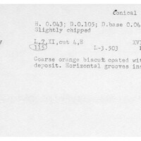 Index card with typed and handwritten information, sometimes including a sketch, of pottery from an excavation.