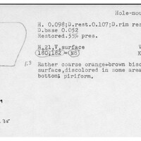 Index card with typed and handwritten information, sometimes including a sketch, of pottery from an excavation.