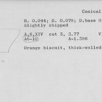 Index card with typed and handwritten information, sometimes including a sketch, of pottery from an excavation.