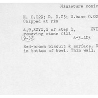 Index card with typed and handwritten information, sometimes including a sketch, of pottery from an excavation.