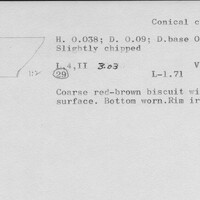 Index card with typed and handwritten information, sometimes including a sketch, of pottery from an excavation.