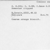Index card with typed and handwritten information, sometimes including a sketch, of pottery from an excavation.