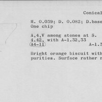 Index card with typed and handwritten information, sometimes including a sketch, of pottery from an excavation.